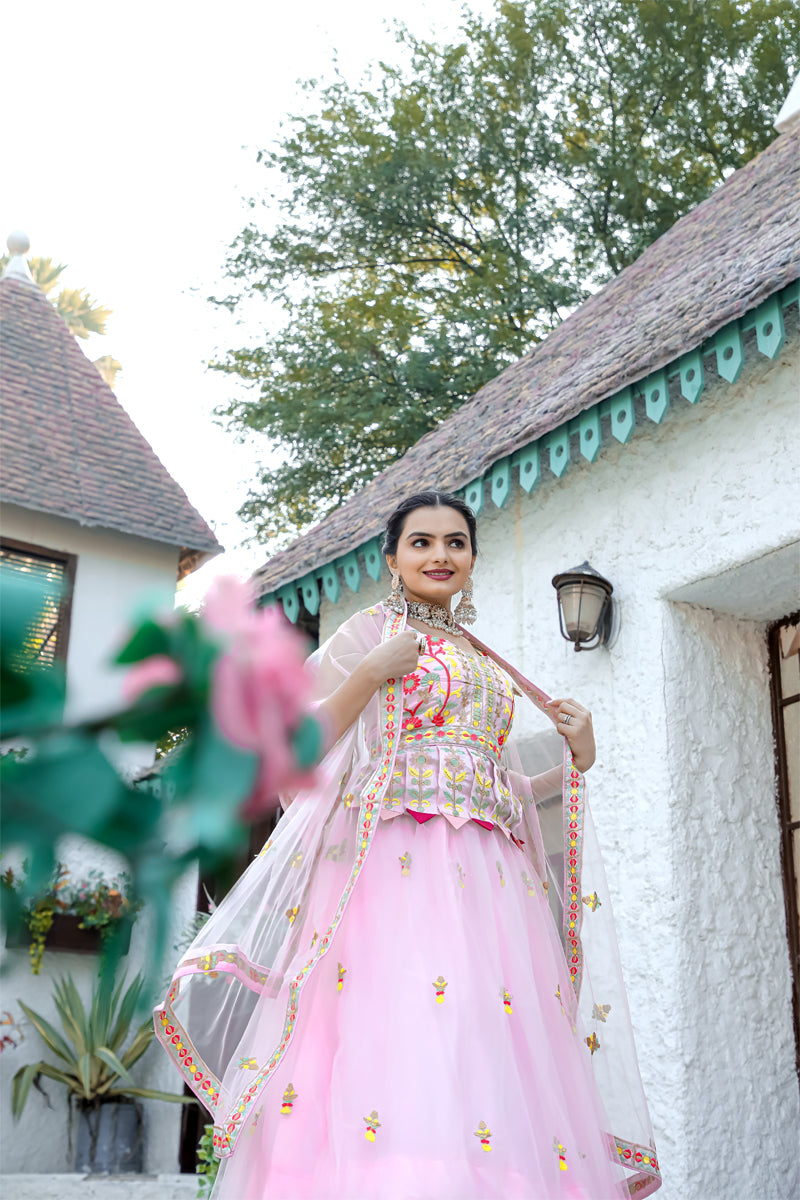 Stunning Double layer Net lehenga With Peplum style blouse