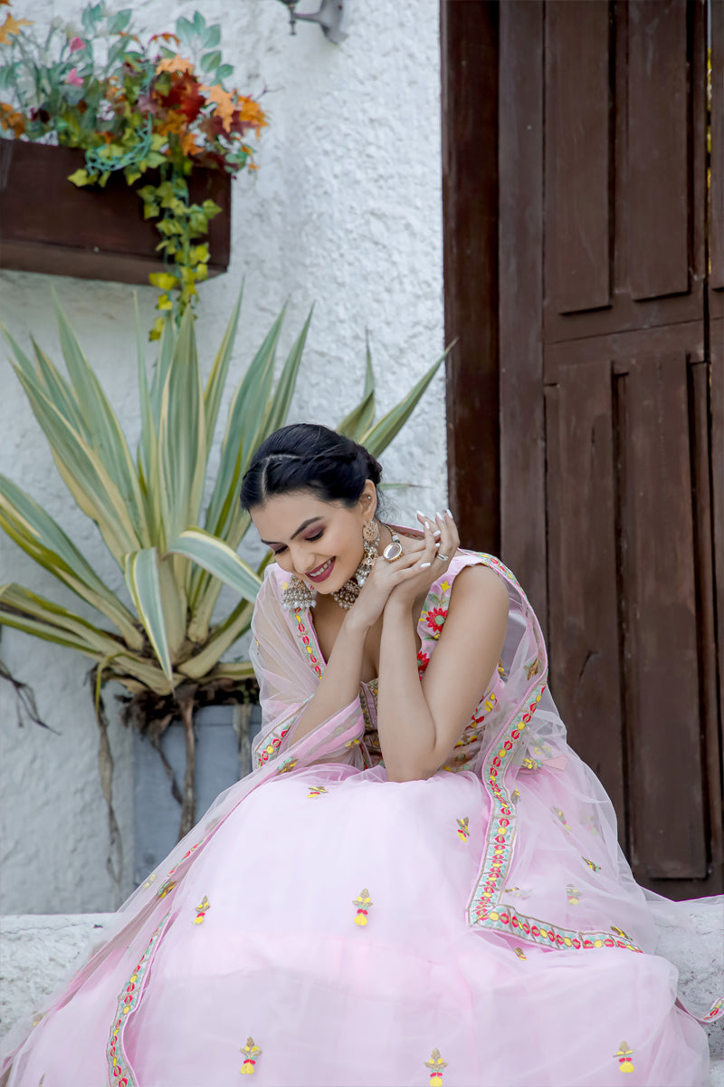 Stunning Double layer Net lehenga With Peplum style blouse