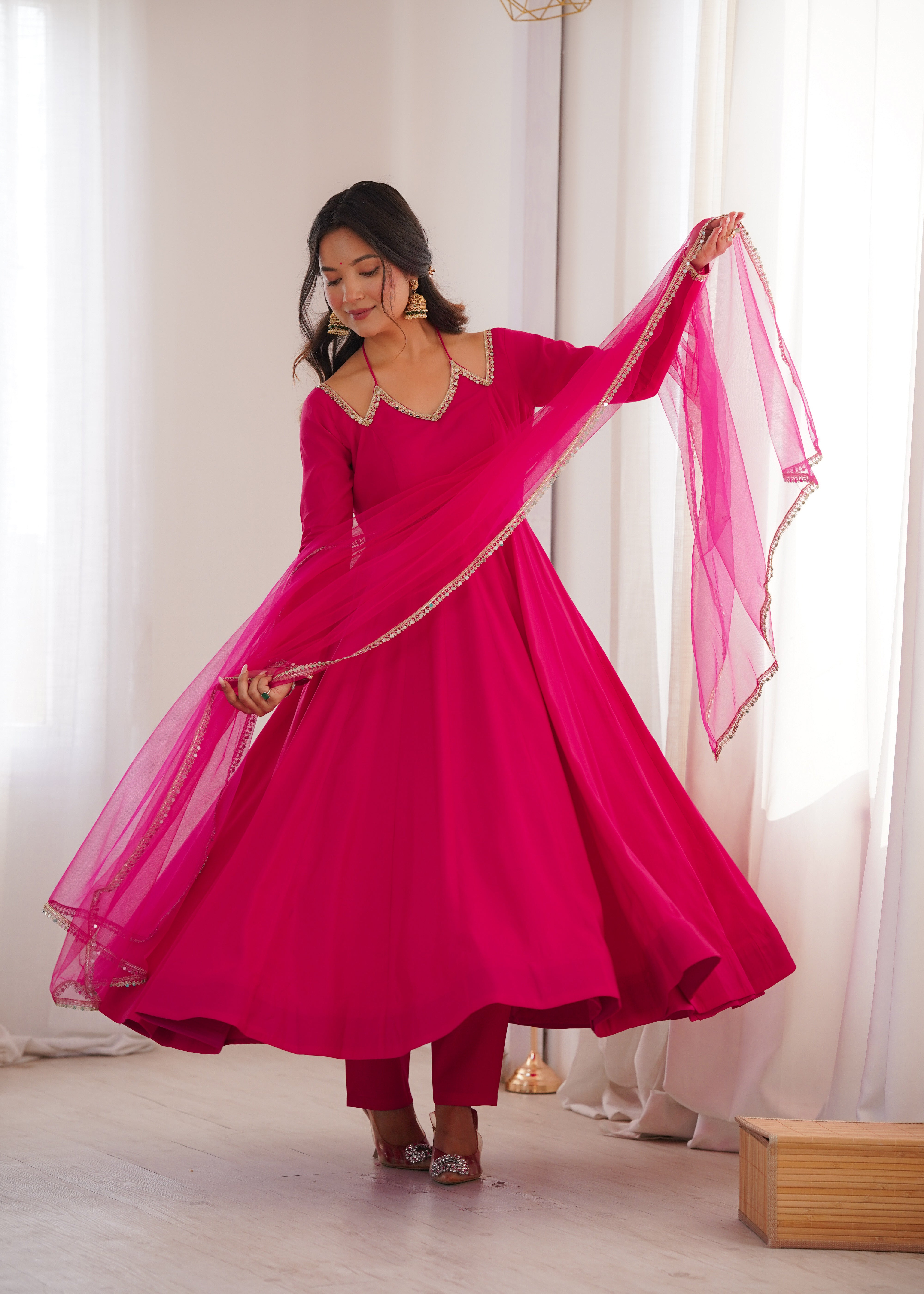 Pure Roman Silk Chanderi Anarkali Set