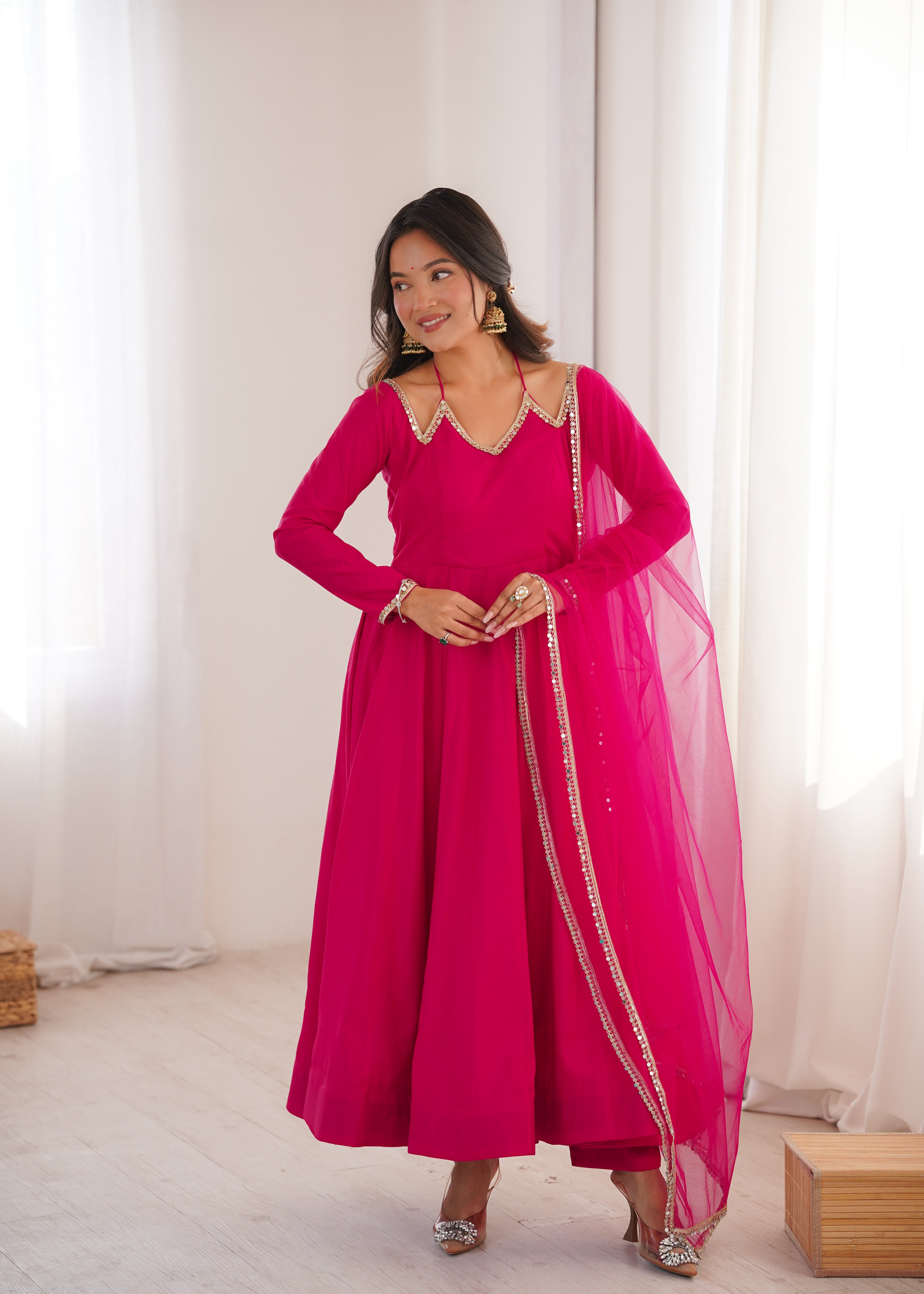 Pure Roman Silk Chanderi Anarkali Set