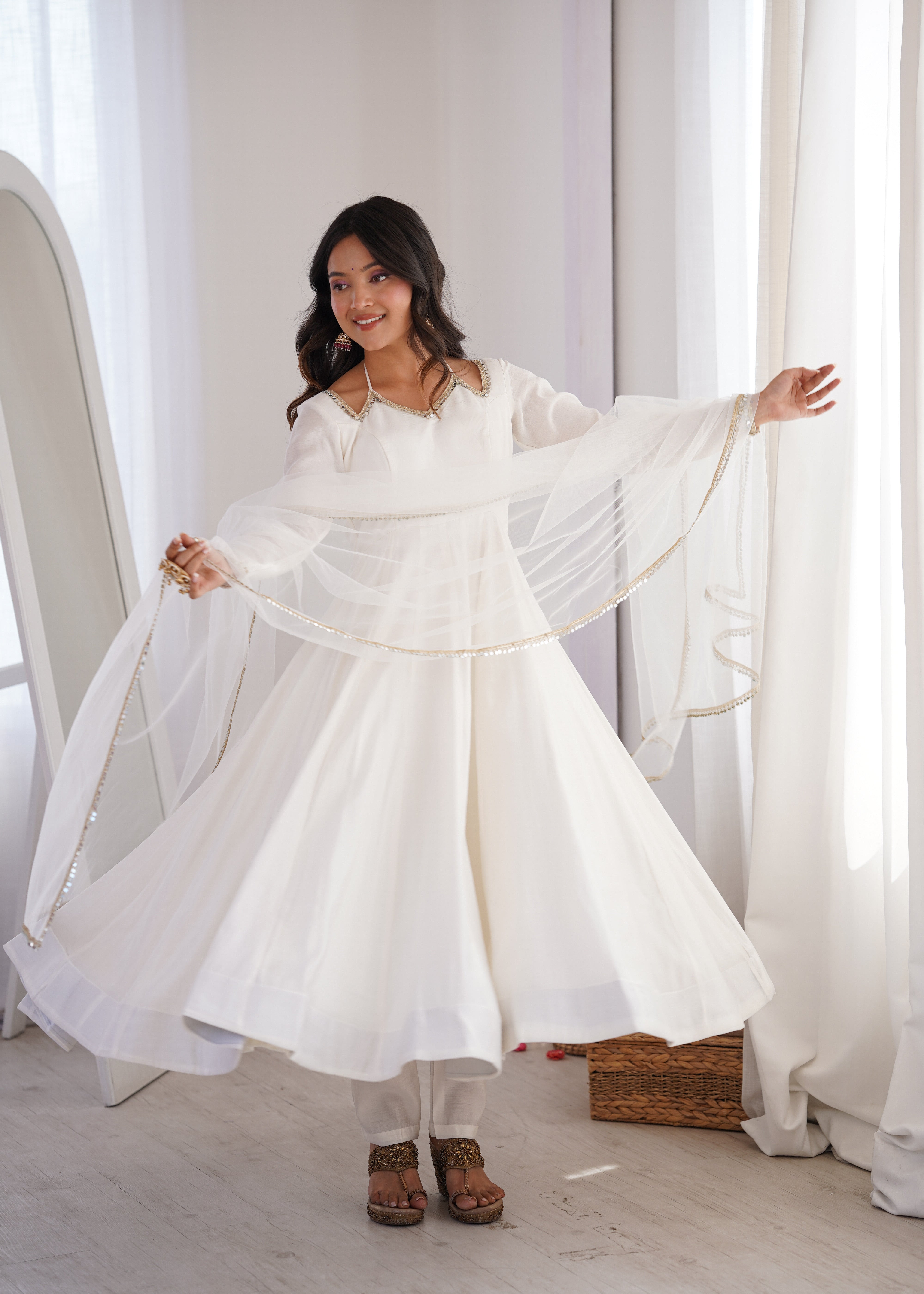 Pure Roman Silk Chanderi Anarkali Set