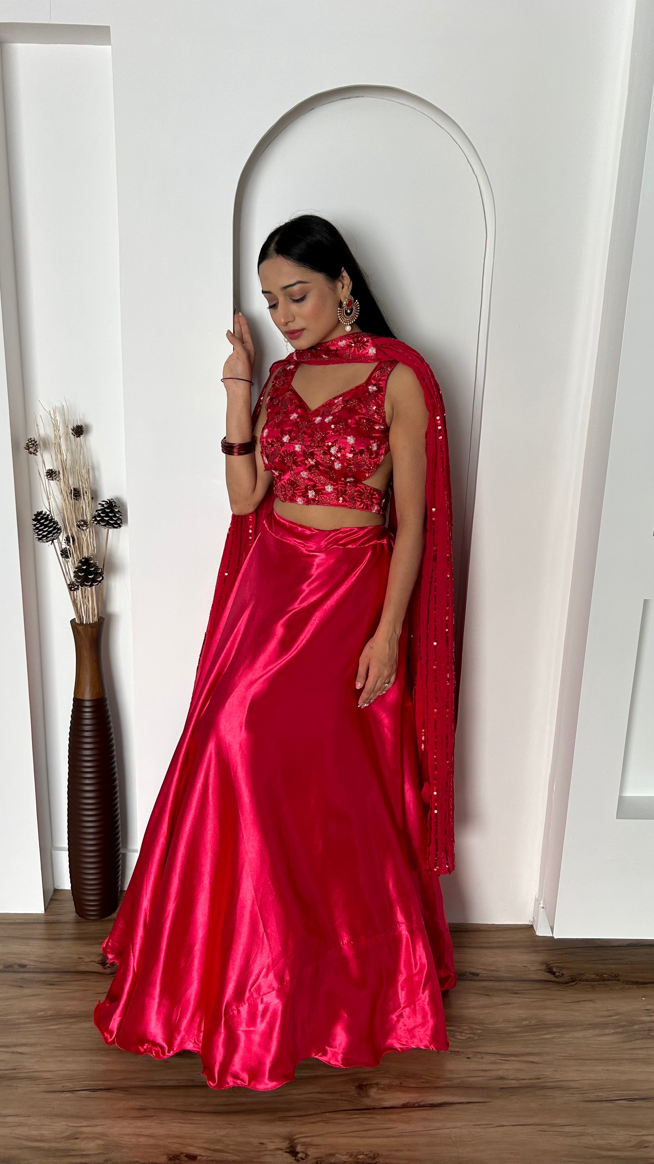 Elegant Hot Jappan Sattin Lehenga, complete with a stylish stitched dupatta