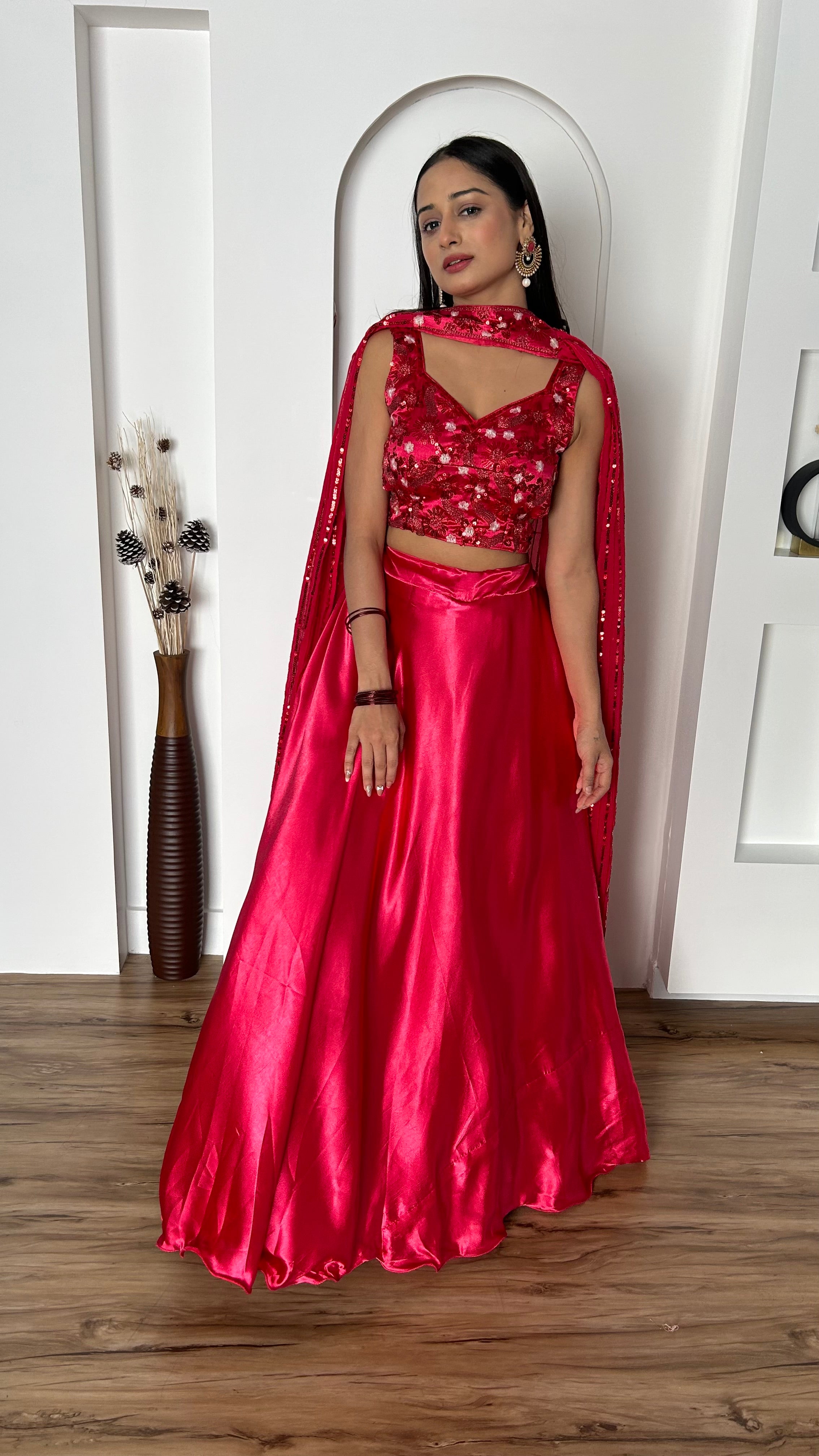 Elegant Hot Jappan Sattin Lehenga, complete with a stylish stitched dupatta