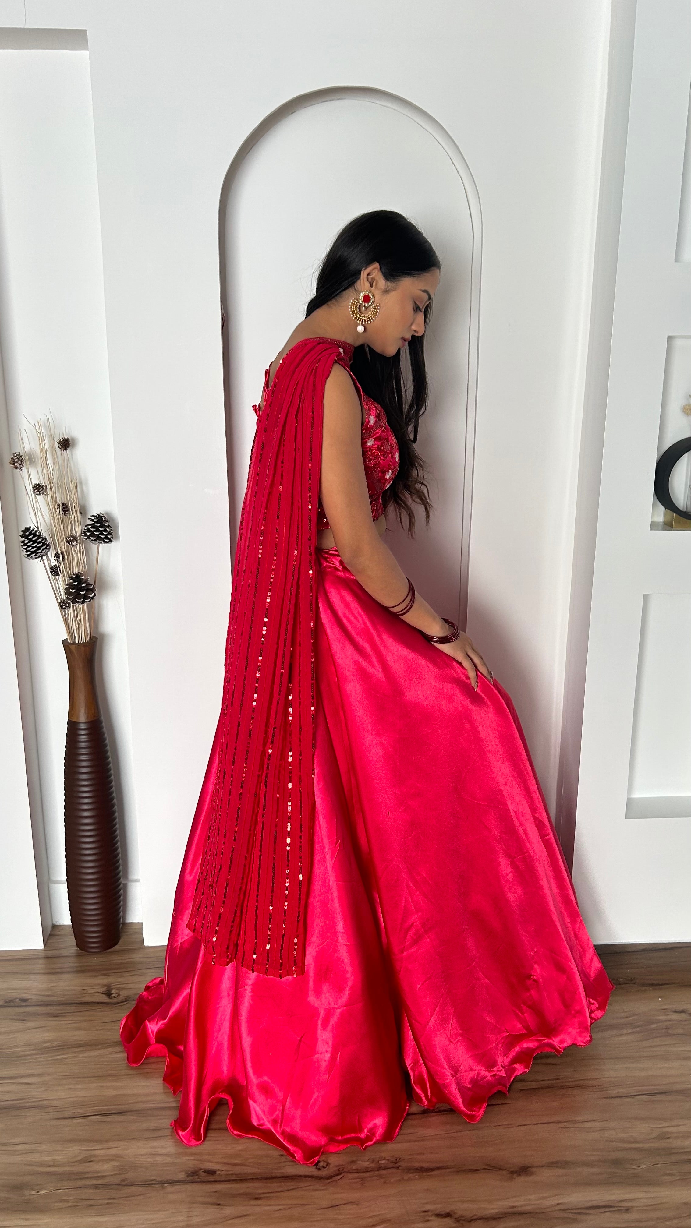 Elegant Hot Jappan Sattin Lehenga, complete with a stylish stitched dupatta