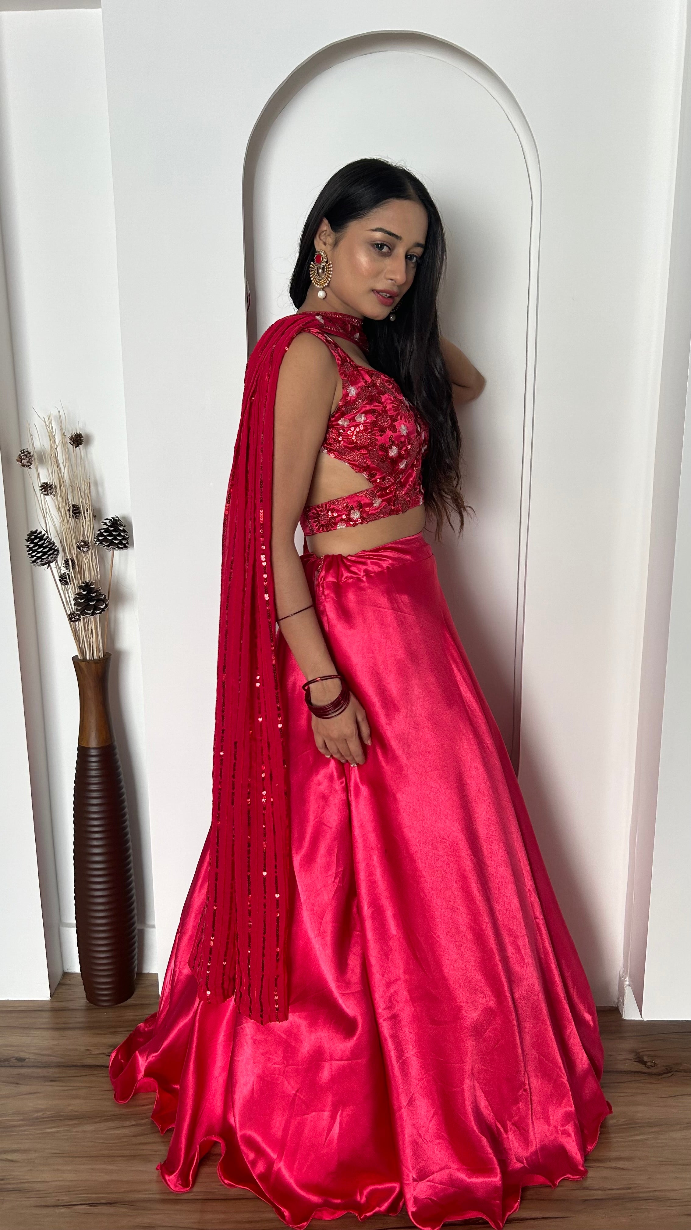 Elegant Hot Jappan Sattin Lehenga, complete with a stylish stitched dupatta