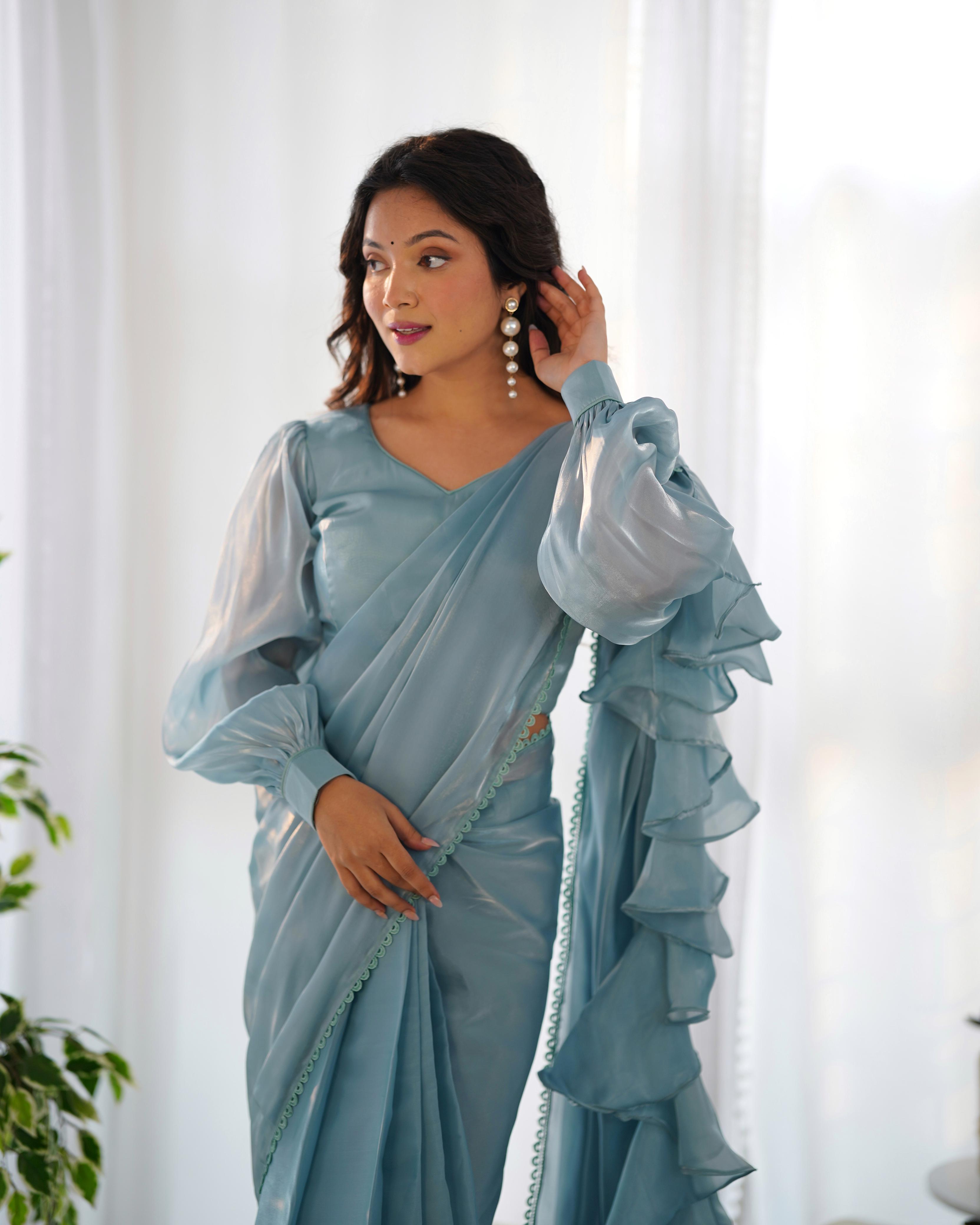 Experience Ruffle style jimmy Choo's Organza saree With fully-stitched Blouse