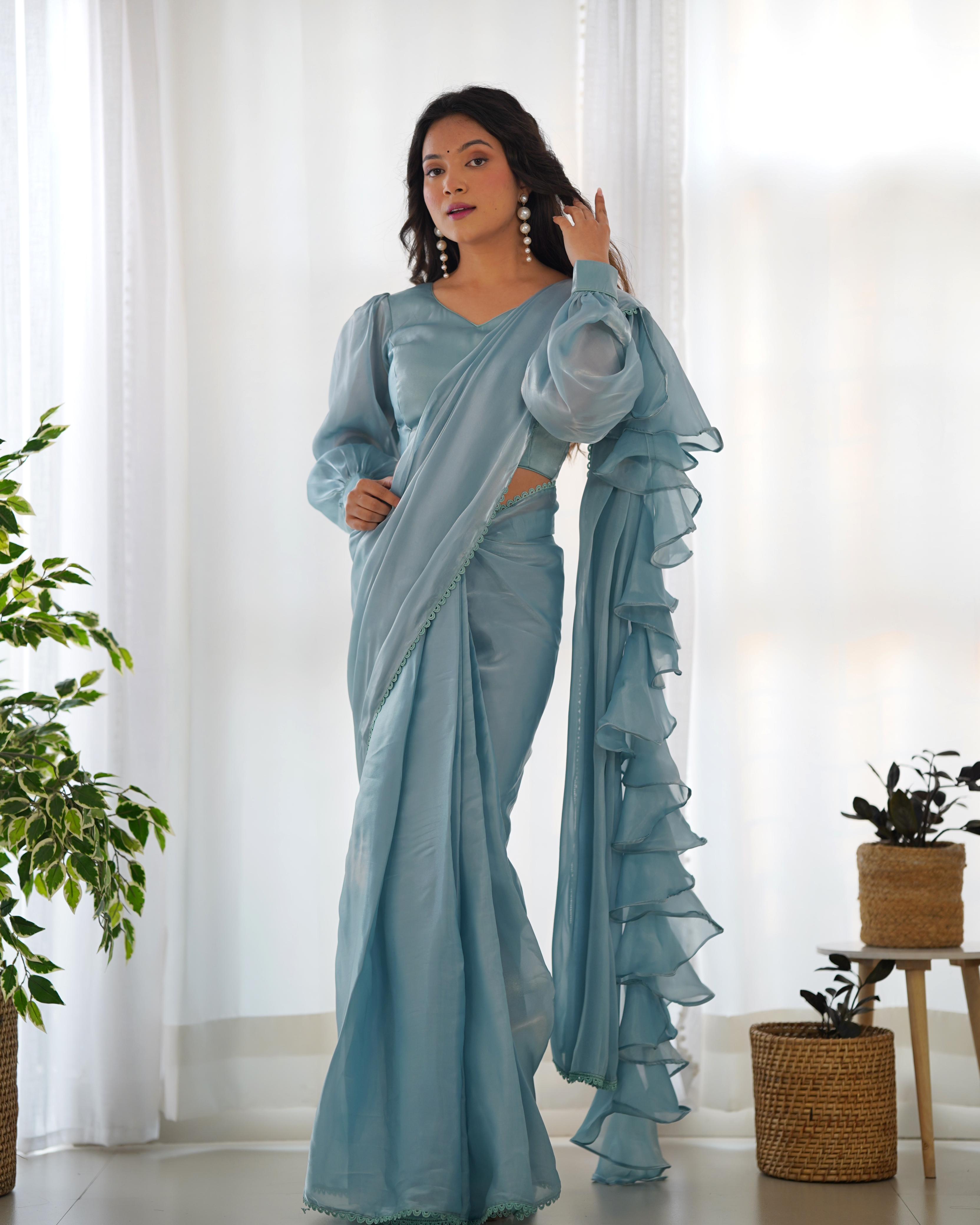 Experience Ruffle style jimmy Choo's Organza saree With fully-stitched Blouse