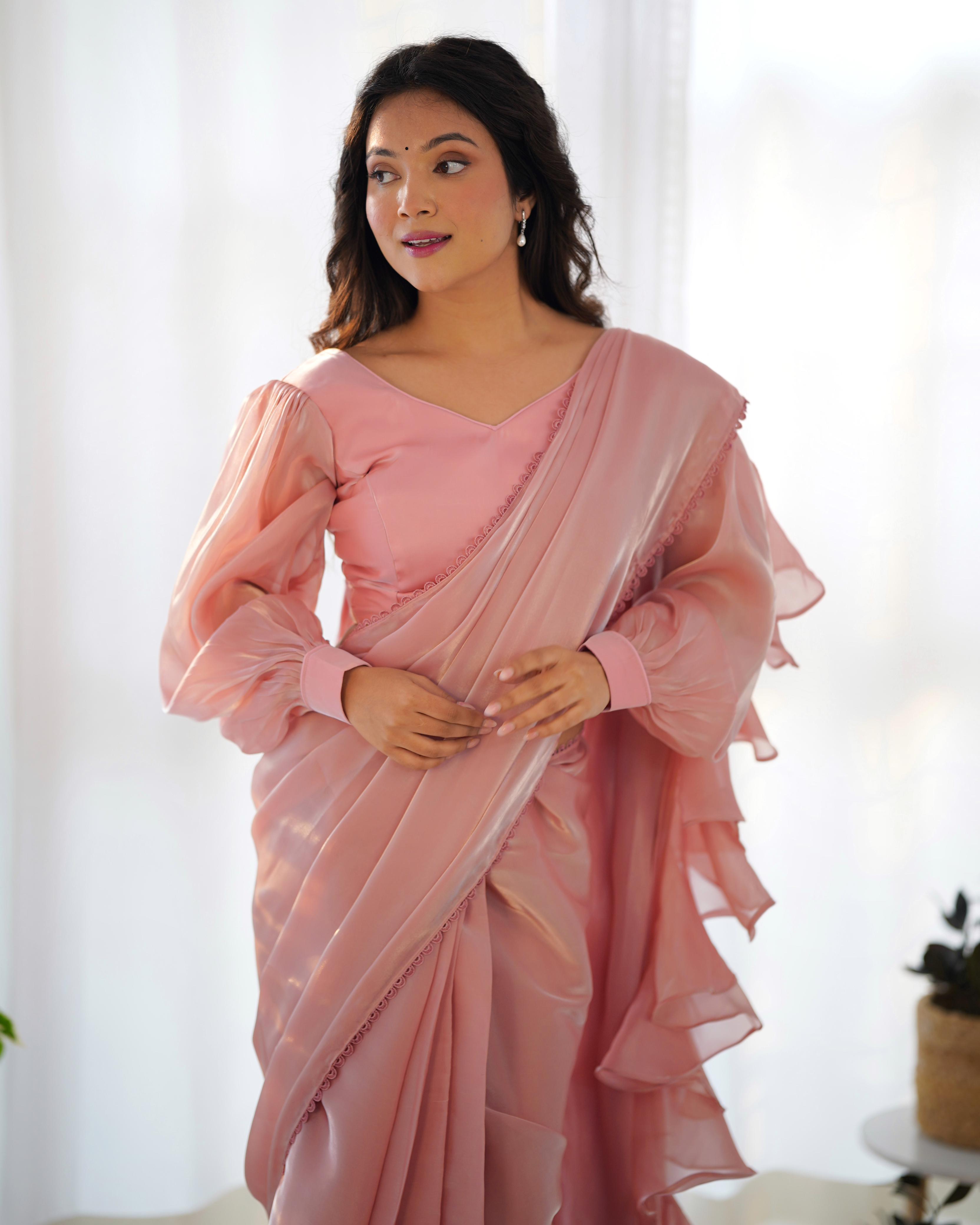 Experience Ruffle style jimmy Choo's Organza saree With fully-stitched Blouse