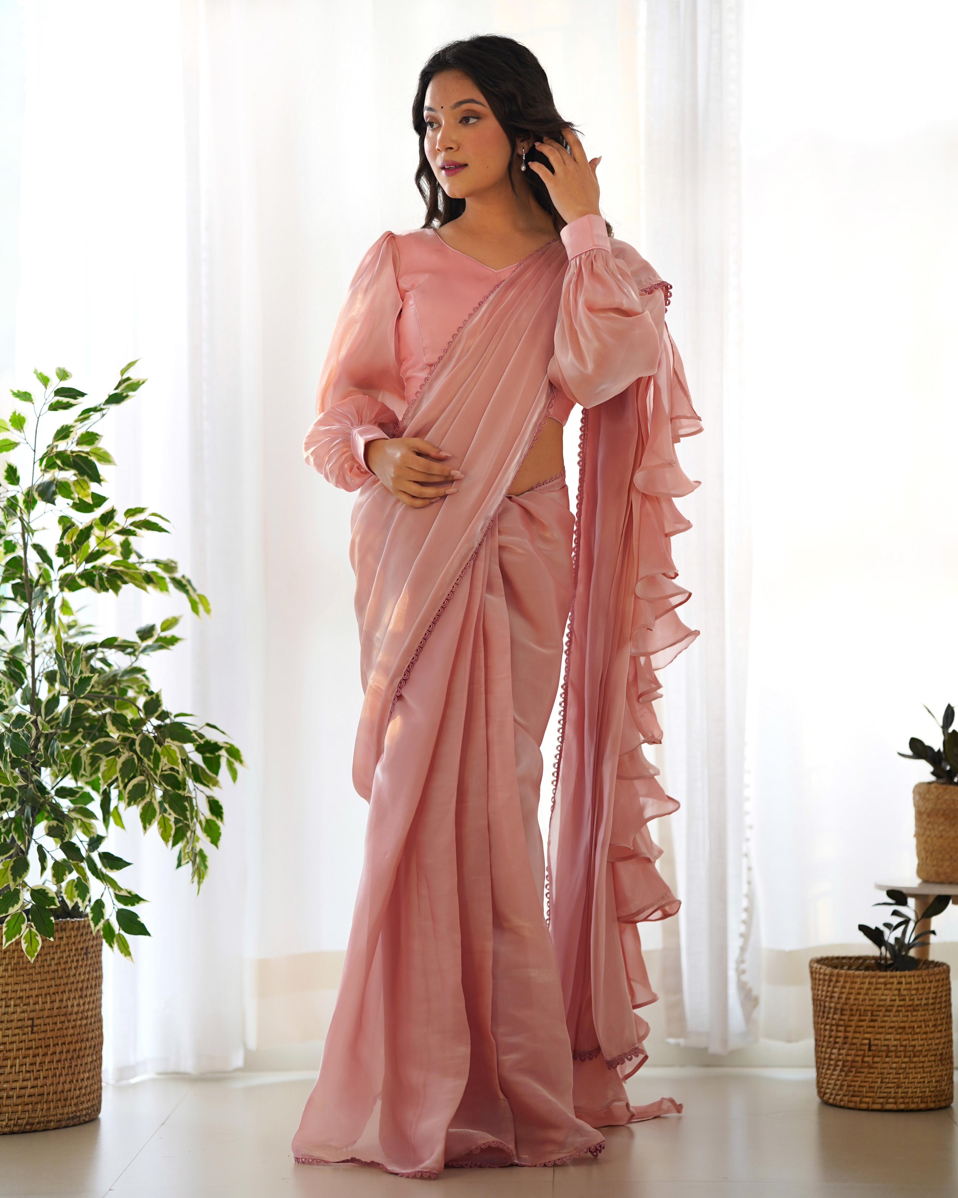 Experience Ruffle style jimmy Choo's Organza saree With fully-stitched Blouse