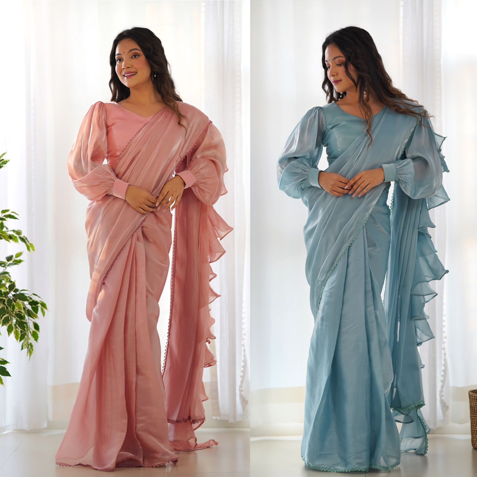 Experience Ruffle style jimmy Choo's Organza saree With fully-stitched Blouse