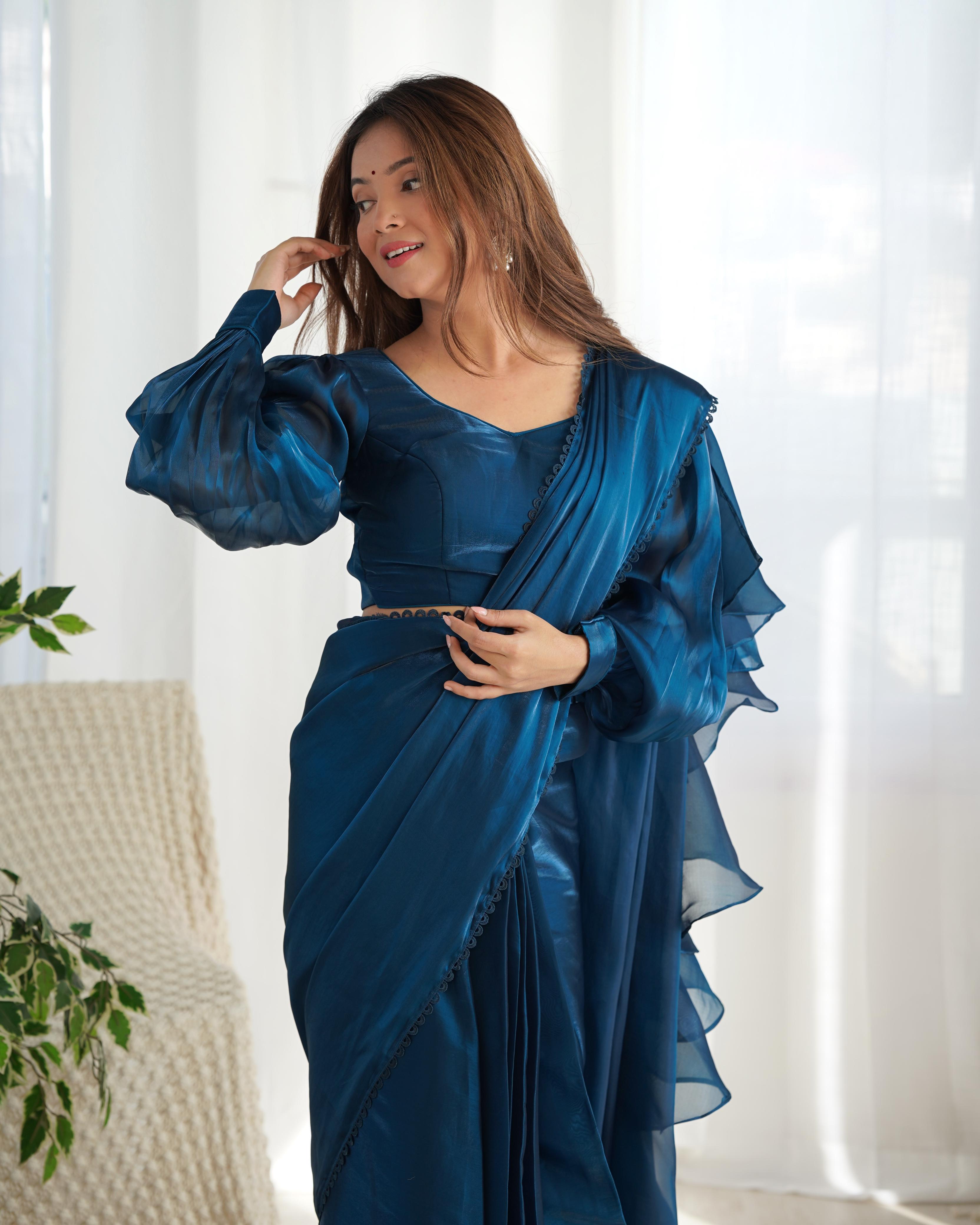 Experience Ruffle style jimmy Choo's Organza saree With fully-stitched Blouse
