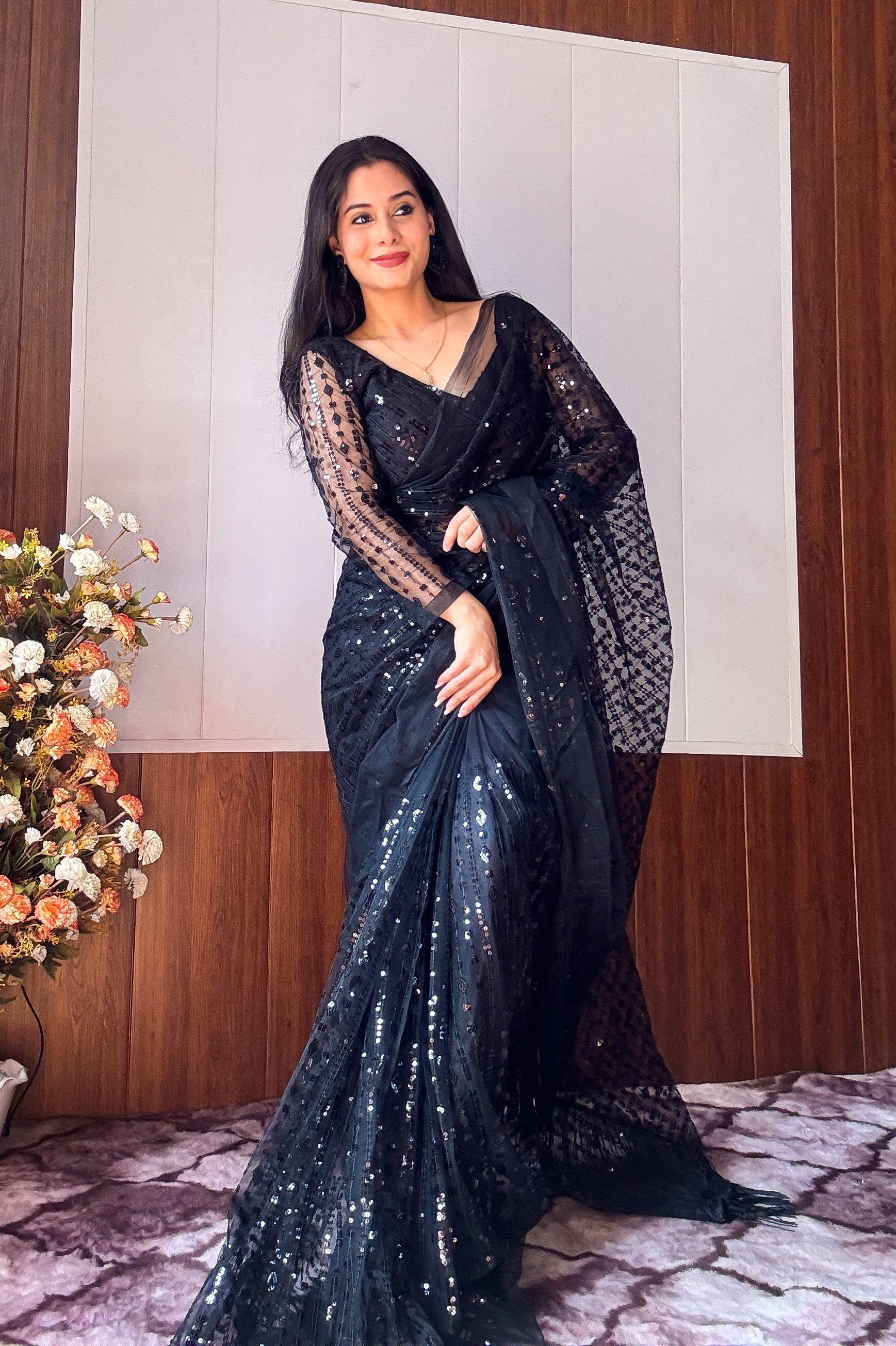 Ready To Wear Black Sequins Saree