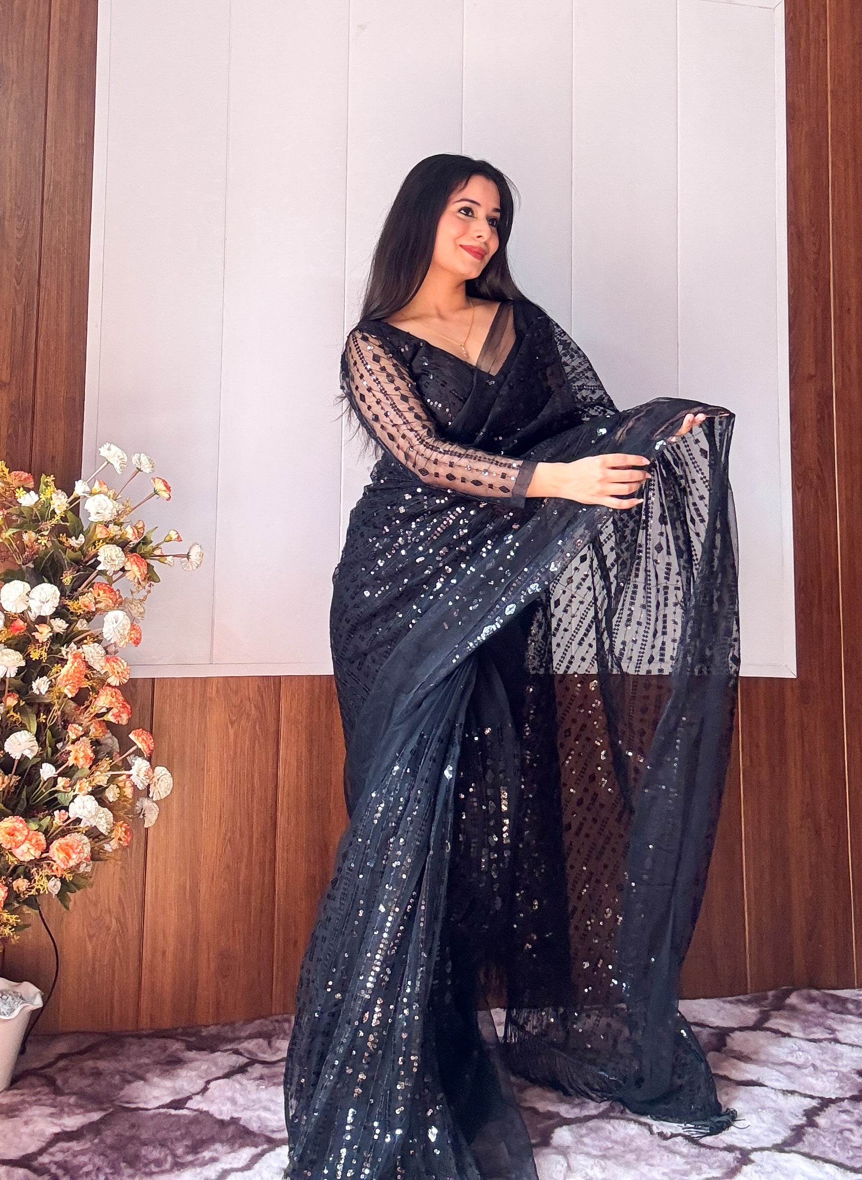 Ready To Wear Black Sequins Saree