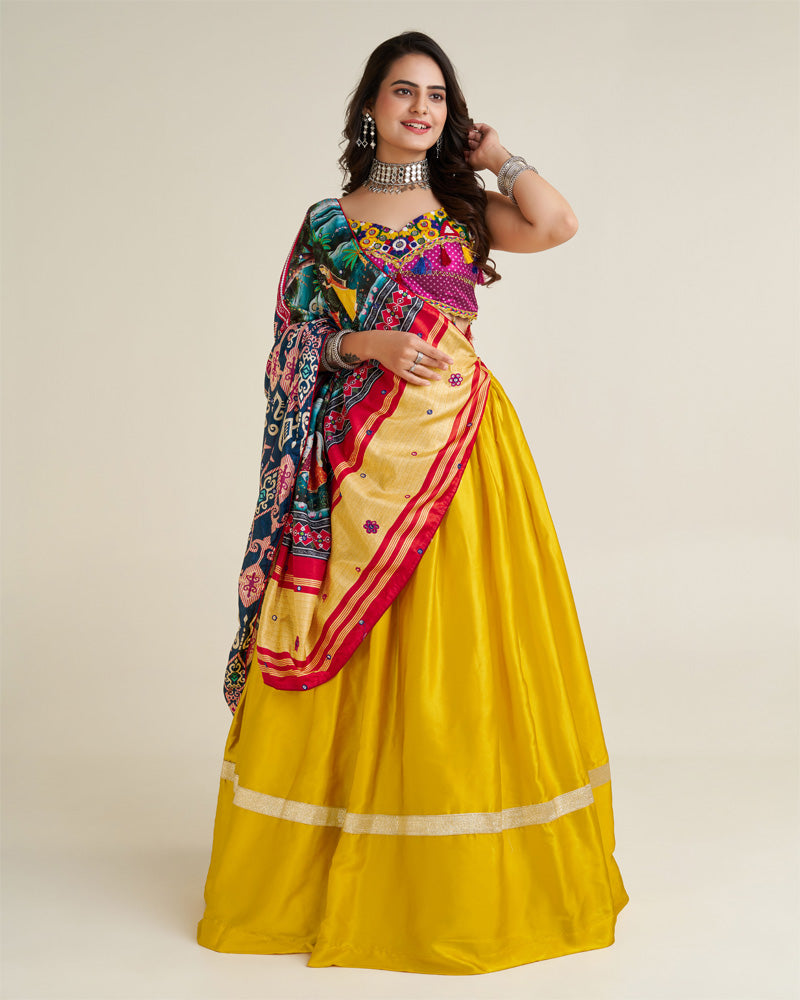 Dance into the garba night with grace and style .This stunning designer outfit is definitely the most amazing pick 💛💛