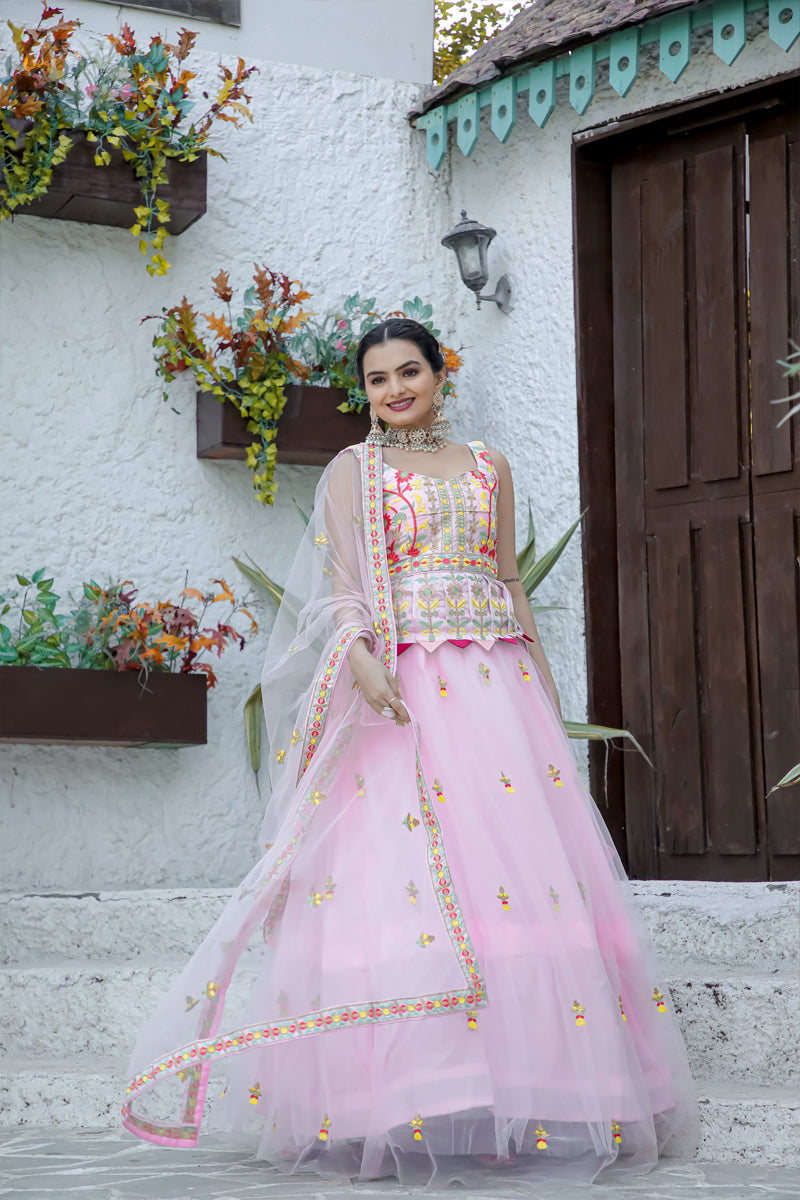 Stunning Double layer Net lehenga With Peplum style blouse