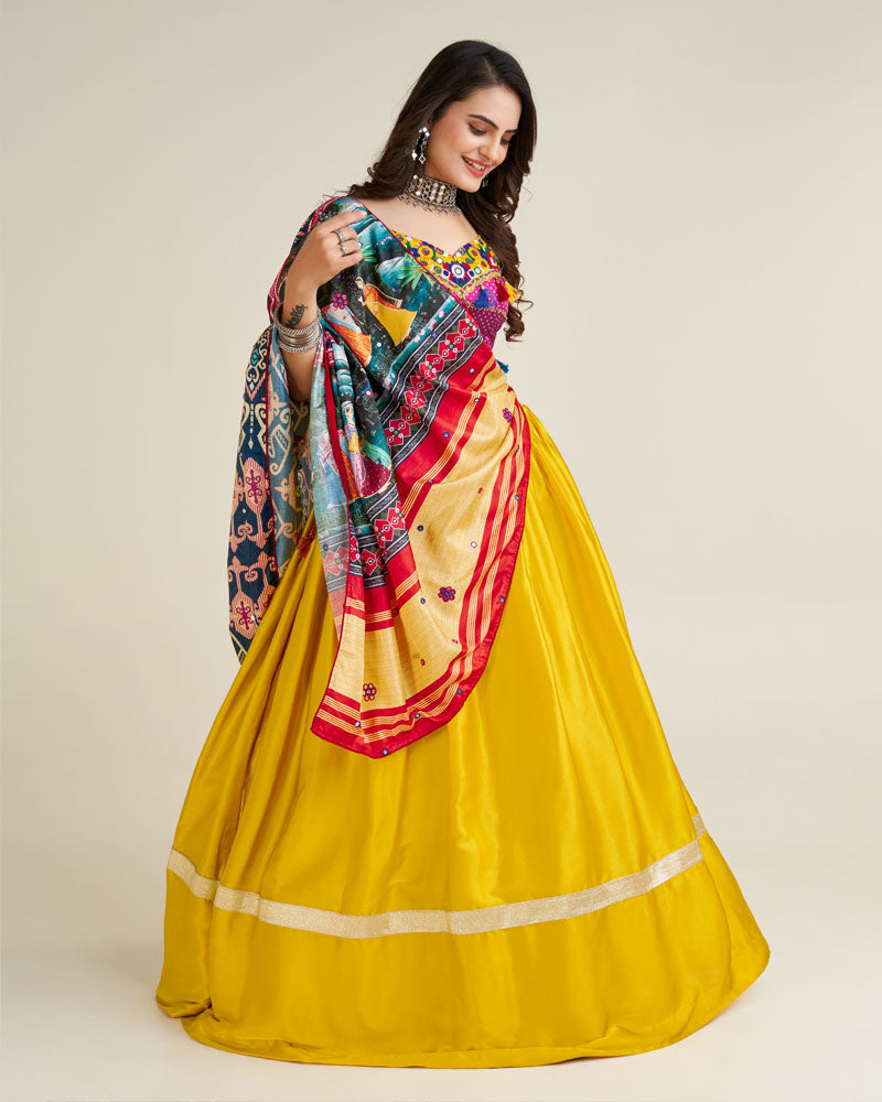 Dance into the garba night with grace and style .This stunning designer outfit is definitely the most amazing pick 💛💛