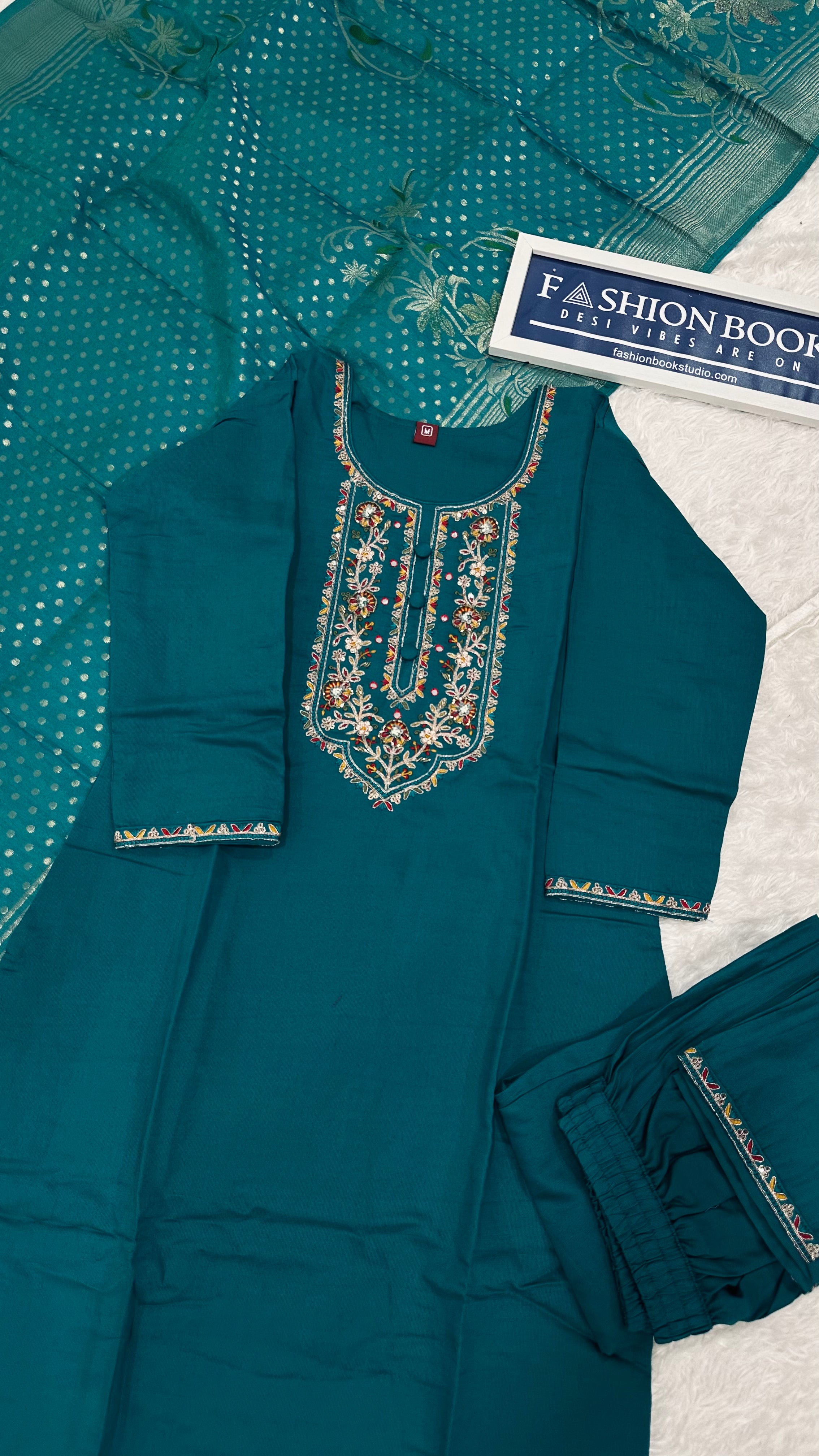 Designer Marina Silk Handwork kurta Set with Pant and Dupatta