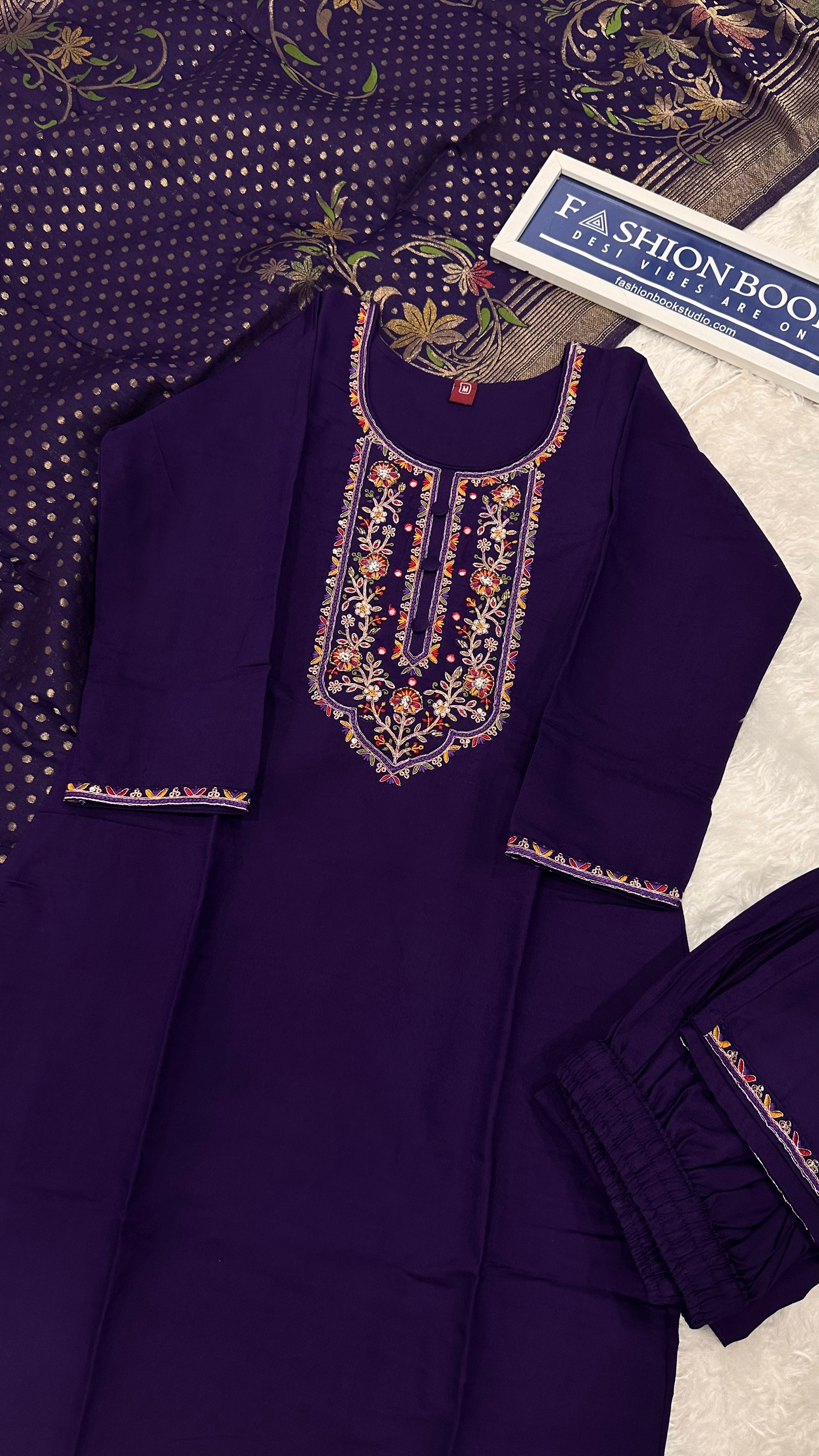 Designer Marina Silk Handwork kurta Set with Pant and Dupatta
