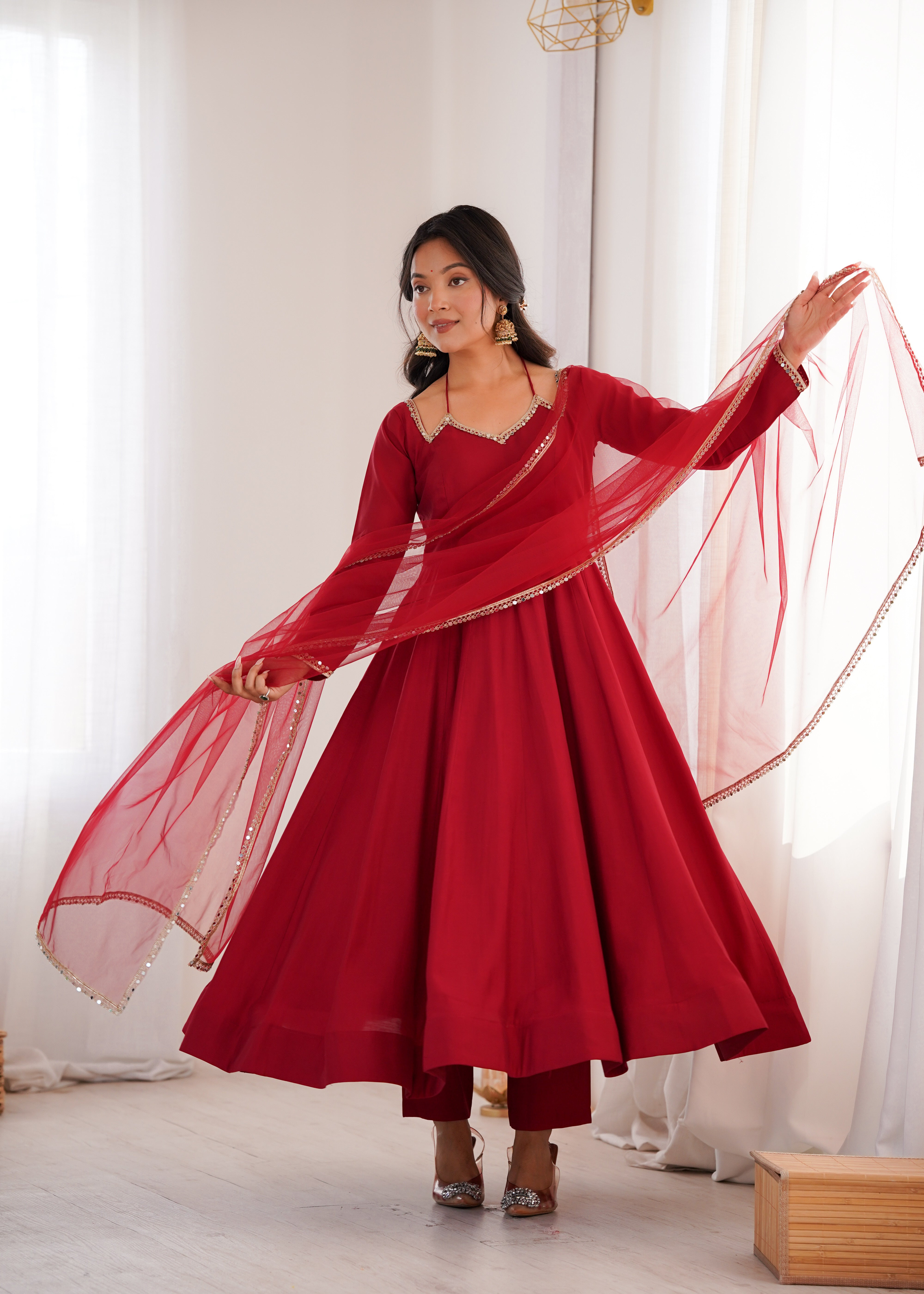 Pure Roman Silk Chanderi Anarkali Set