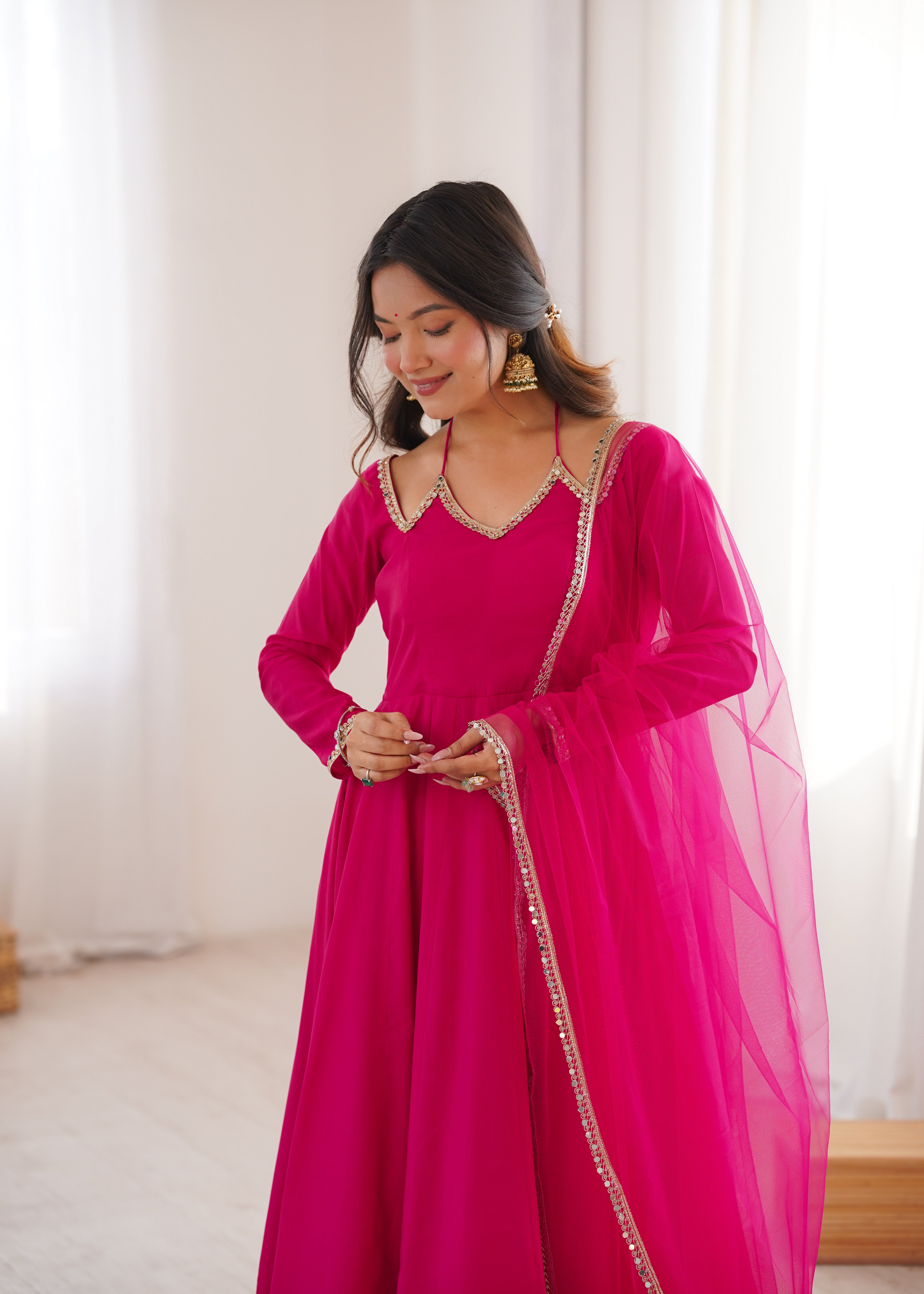 Pure Roman Silk Chanderi Anarkali Set