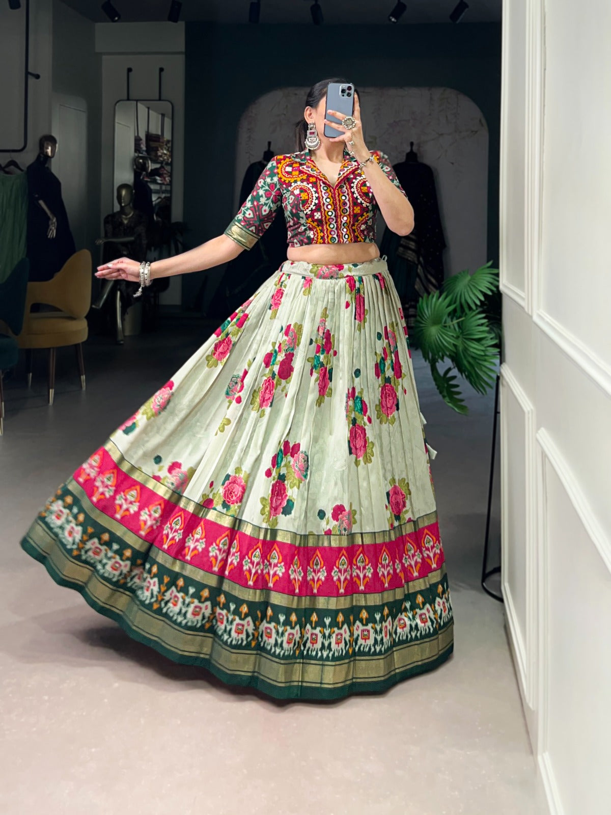 Tussar Silk Floral And Patola Print Lehenga Set