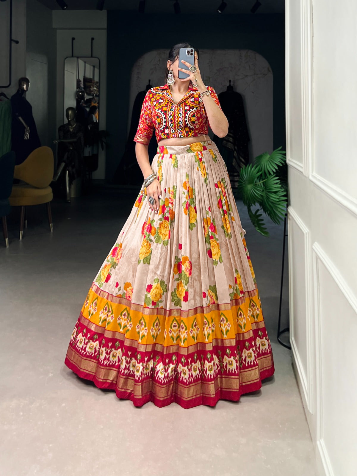 Tussar Silk Floral And Patola Print Lehenga Set