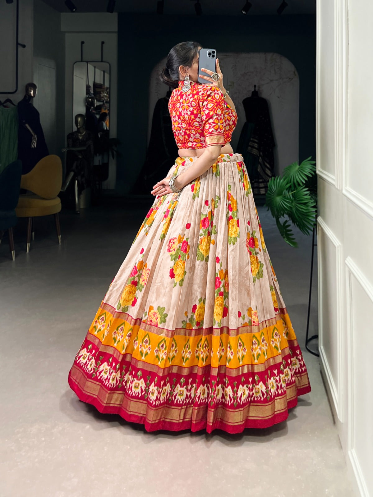 Tussar Silk Floral And Patola Print Lehenga Set
