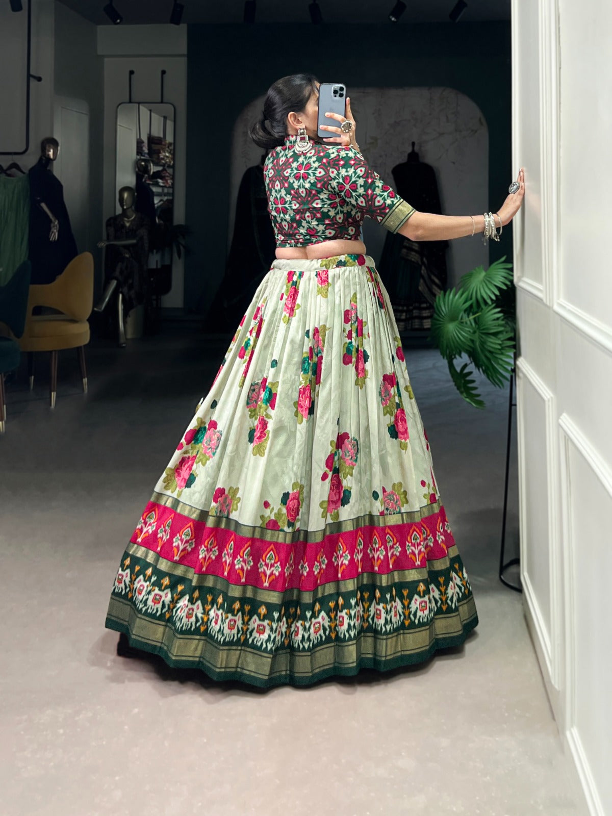 Tussar Silk Floral And Patola Print Lehenga Set