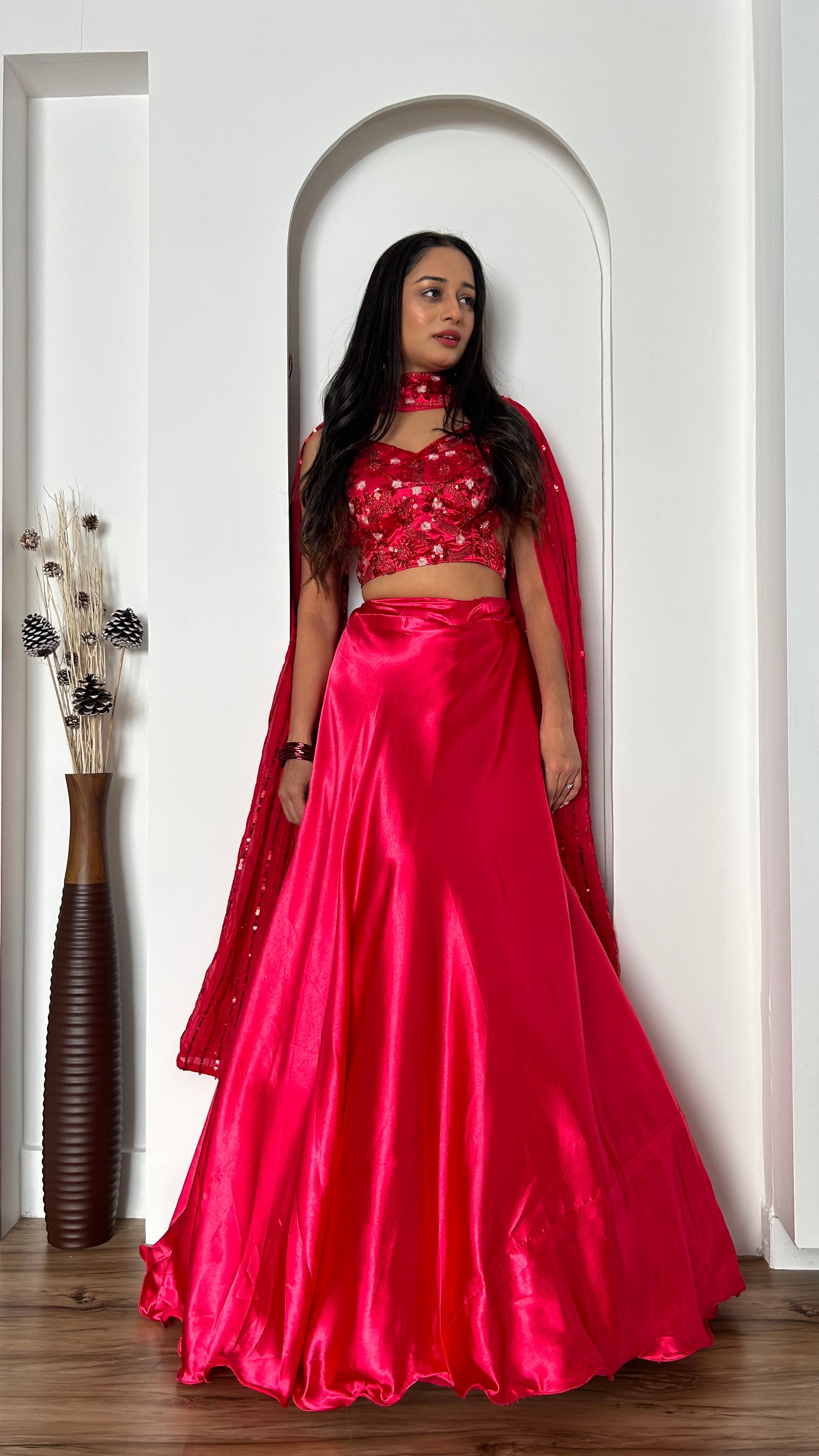 Elegant Hot Jappan Sattin Lehenga, complete with a stylish stitched dupatta