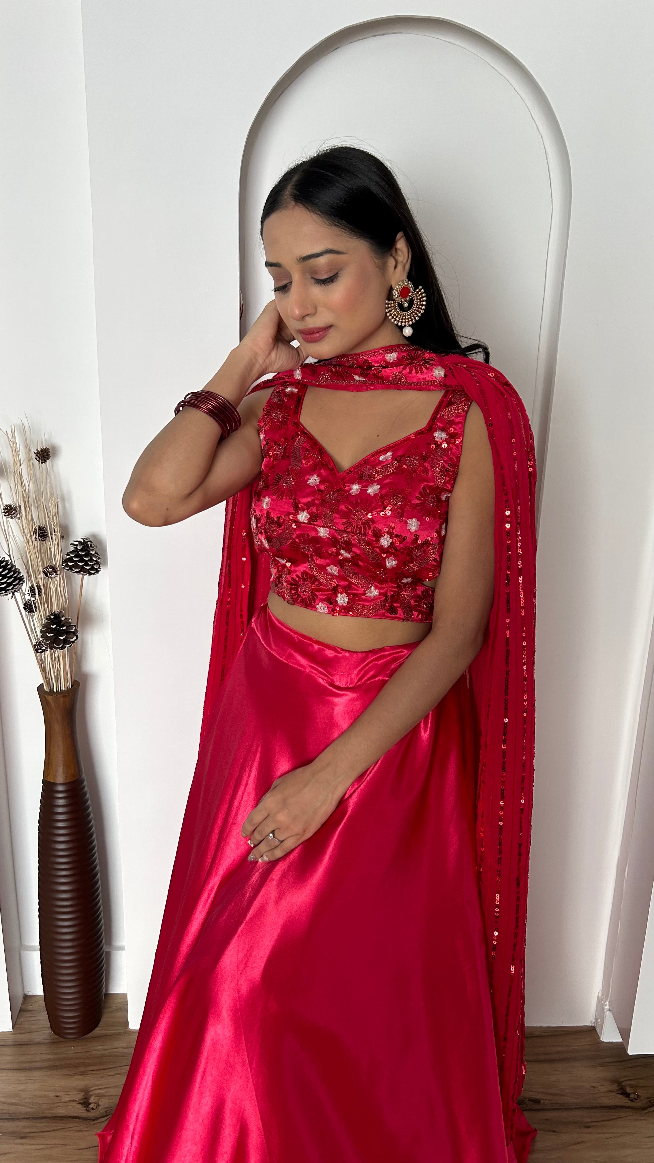 Elegant Hot Jappan Sattin Lehenga, complete with a stylish stitched dupatta