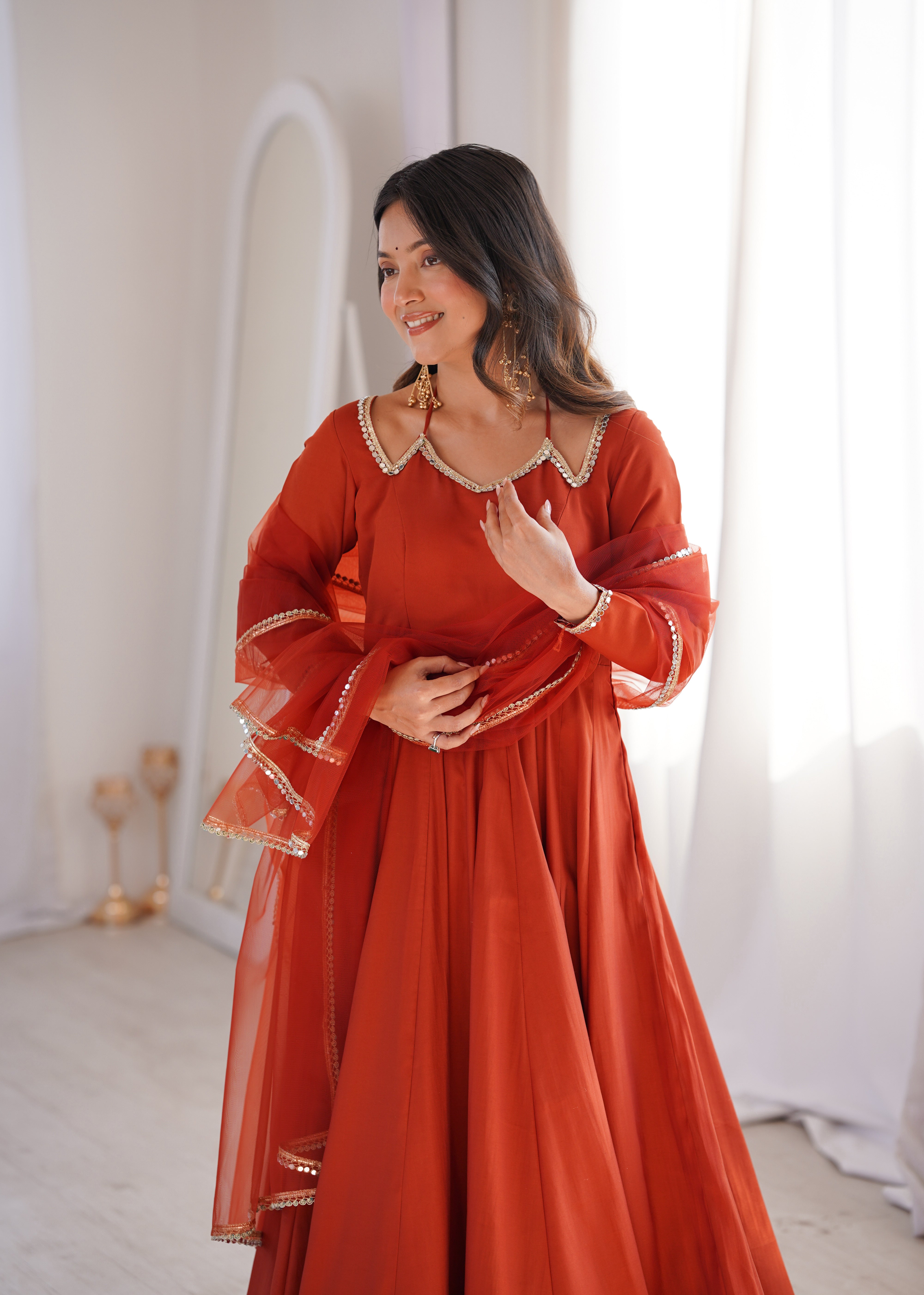 Pure Roman Silk Chanderi Anarkali Set