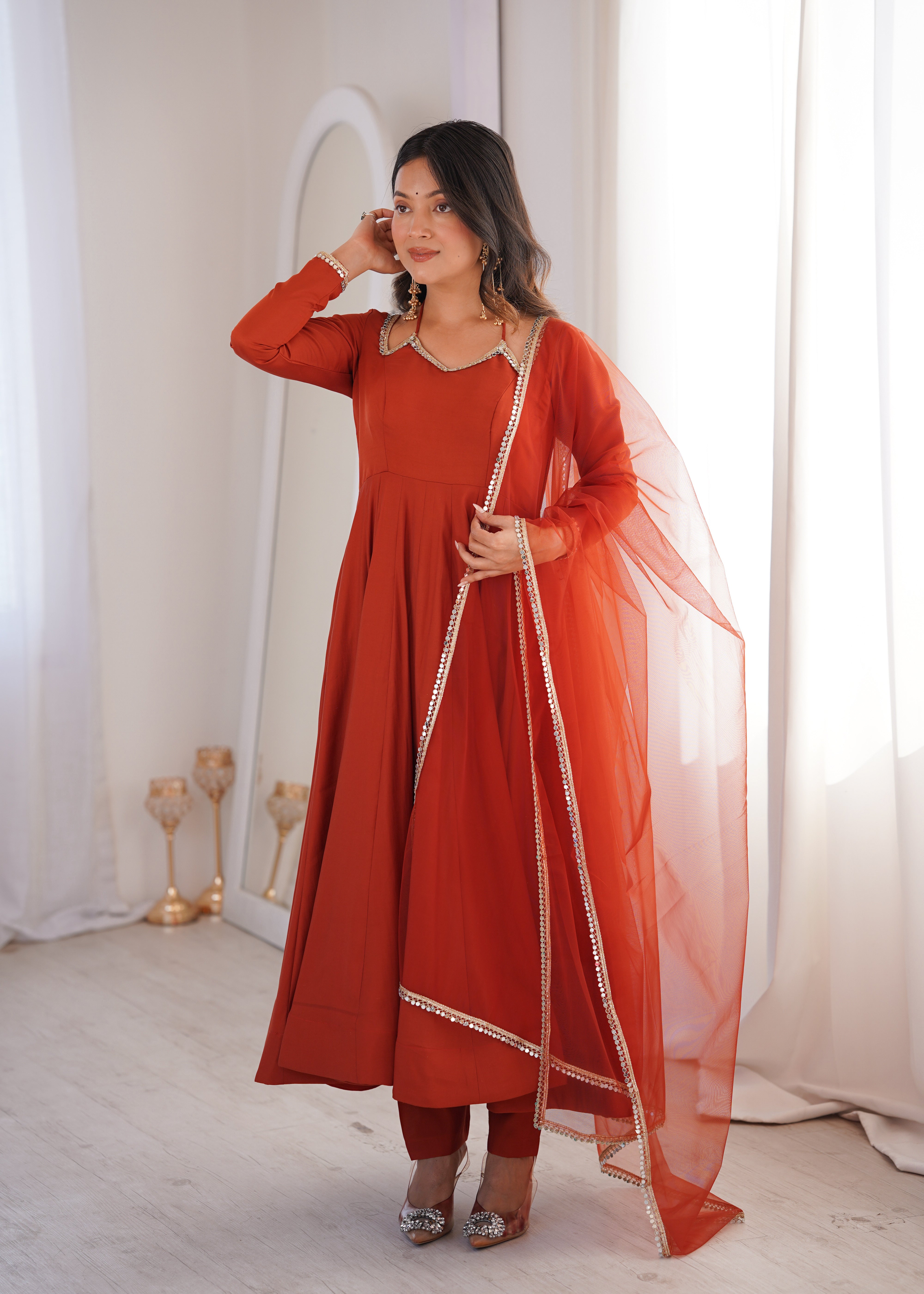 Pure Roman Silk Chanderi Anarkali Set