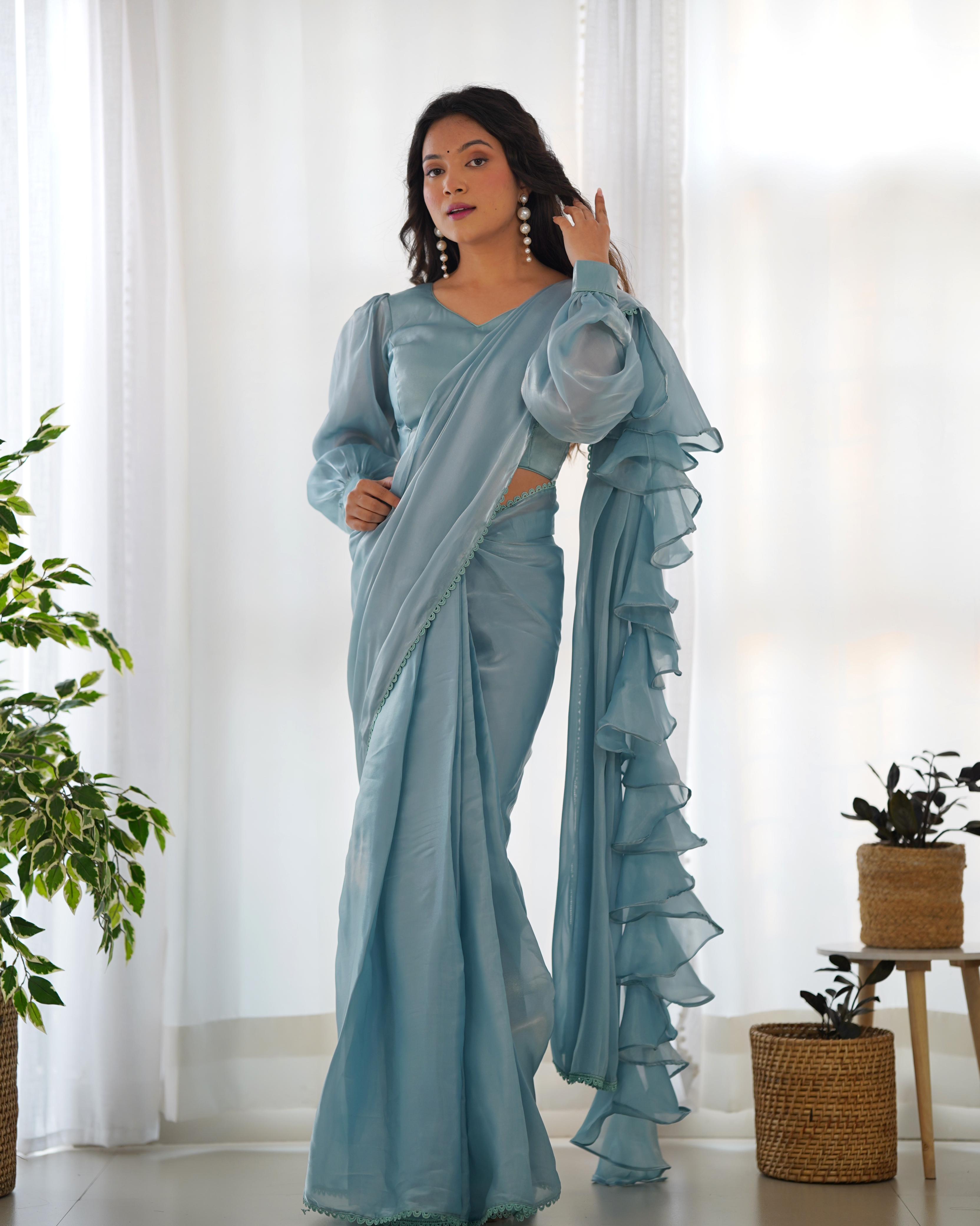 Experience Ruffle style jimmy Choo's Organza saree  With fully-stitched Blouse